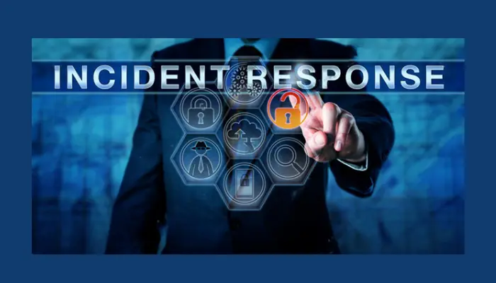 Security alert and event log above a five-stage incident response timeline